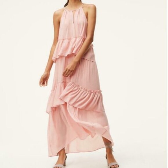 LOFT Dress Small Pink Tiered Keyhole Maxi Halter Wedding Party Dress‎ Sleeveless - Picture 1 of 11
